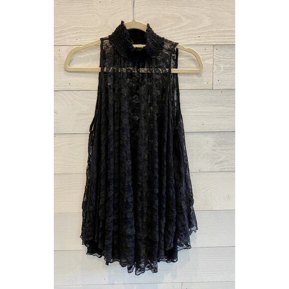 FREE PEOPLE ShirMyrna Black Sheer Lace Tunic Top Blouse Boho High Smocked Collar - Picture 2 of 11